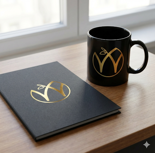 The 4F Field Journal and the Morning Mentality Mug together — plan in the journal, fuel from the mug, both in black with the gold mark.