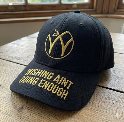 Black structured cap with the W.A.D.E. mark embroidered front-center in gold thread and Wishing Ain’t Doing Enough stitched across the brim.