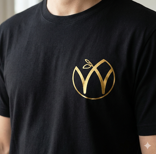 Heavyweight black tee with the W.A.D.E. mark front-center in gold. Quiet, intentional, built for daily wear.